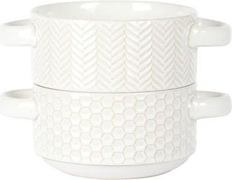 Gibson Home Earlhart 2 Piece 6 Inch Ribbed Stoneware Soup Bowl Set with Handles in White at Nordstrom