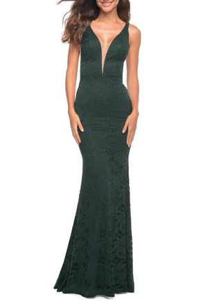 La Femme Chic Stretch Lace Gown with Deep V Neckline in Dark Emerald at Nordstrom, Size 00