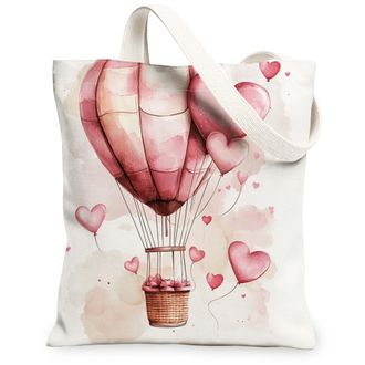Generic Valentines Day Hot Air Balloon Canvas Tote Bags, Romantic Heart Pattern Reusable Grocery Bags, Lightweight Washable Shoulder Strap Canvas for Travel S