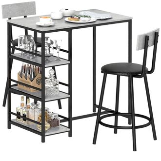 HOMCOM 3 Piece Breakfast Bar Table Set with Storage Shelves - Light Grey | TJ Hughes