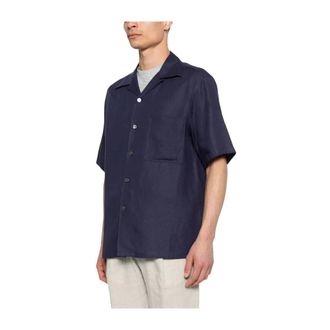 Ermenegildo Zegna Short Sleeve Shirts, male, Blue, Size: XL Cuban Collar Linen Shirt