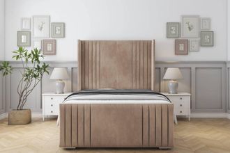 Sloomy Camden Naples Frame-Mattress-50 Upholstered Wingback Headboard in Light Brown | Size: Double