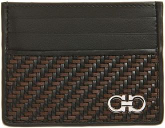 Ferragamo Gancio Woven Leather Card Case in Moro Nero at Nordstrom