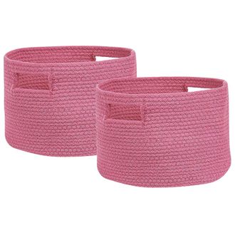 Beliani Conjunto De 2 Cestas De Algod&oacute;n Rosa 20 Cm Trenzado Accesorio Chiniot