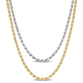 Amour 2.2mm Rope Chain Necklace Set 18 Inch 18k Yellow Gold Plated and 16 Inch White Sterling Silver