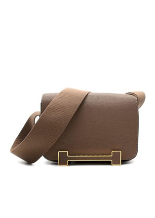 Herm&egrave;s Geta Crossbody Bag In Etoupe Chevre Leather with Gold Hardware