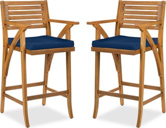 Best Choice Products Set of 2 Outdoor Acacia Wood Bar Stools Bar Chairs w/ Weather-Resistant Cushions