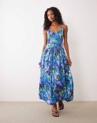 Asos Vestito a trapezio in raso blu a fiori con fondo a palloncino-Multi