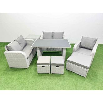 Fimous Rattan Sofa Outdoor Furniture with Dining Table,Side Table,Love Sofa,3 Stools Patio Furniture Light Grey 8 Seater - Fimous