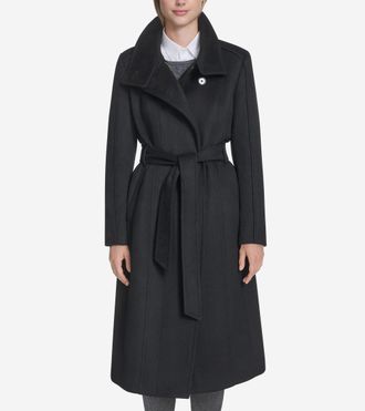 Cole Haan Womens Slick Wool Belted Coat - Black Size 14