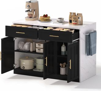 STILVORA Isla De Cocina Con 3 Puertas, 2 Cajones, Estantes Ajustables, Enchufes Y Usb, Toallero, En Mdf, 120x60x91 Cm
