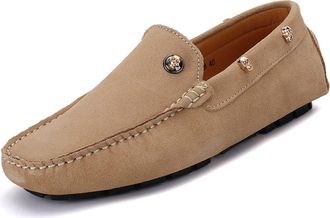 Generic Mens Loafers Shoes Suede Vamp with Rivet Stitching Details Genuine Leather Round Toe Flexible Anti-Slip Comfortable Casual Slip On(Khaki,8.5 UK)