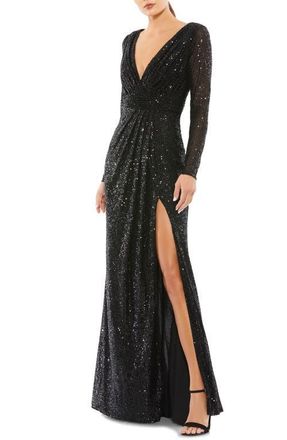 Mac Duggal Sequined Long Sleeve High Slit Gown in Black at Nordstrom, Size 12