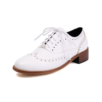 Generic Womens Classic PU Leather Oxfords Lace Up Business Formal Shoes Low Block Heel Wingtip Brogue Dress Shoes,White,8.5 UK