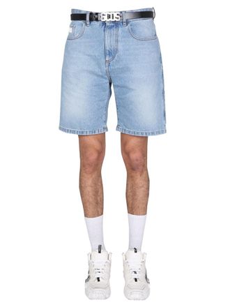 GCDS Light Blue Cotton-Blend Logo Embroidered Denim Shorts