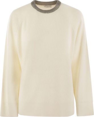 Brunello Cucinelli Brunello Cucinelli Womens Ribbed Cashmere Sweater With Necklace - Cream - Size Medium