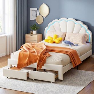 OEM Cama Doble 140x200 - Dise&ntilde;o Concha - Iluminaci&oacute;n Rgb - Almacenamiento Cajones - Seguridad Infantil