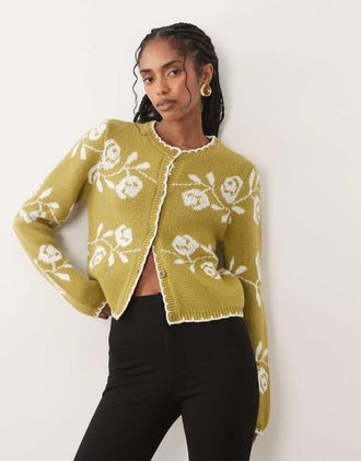Miss Selfridge Cardigan verde a fiori con impunture