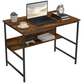 HOMCOM 2-Tier Writing Desk Metal Frame with Storage Shelf Rustic Brown | TJ Hughes