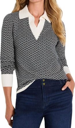 Nic+Zoe Two Tone Jacquard Polo Sweater In Indigo Multi