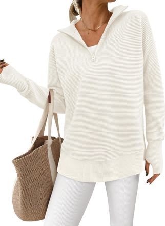 PrettyGarden Womens Long Sleeve Quarter Zip Pullover Sweater Casual Loose V Neck Collared Ribbed Knit Jumper Tops Thumb Hole, White, Small