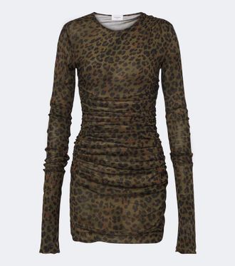 Saint Laurent Leopard-print ruched tulle jersey minidress