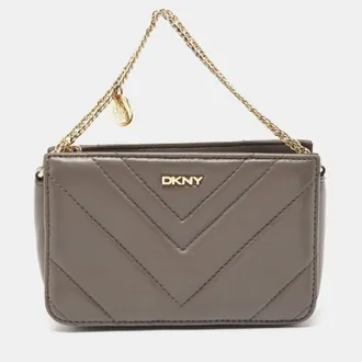 DKNY Dkny Grey Leather Chevron Chain Clutch