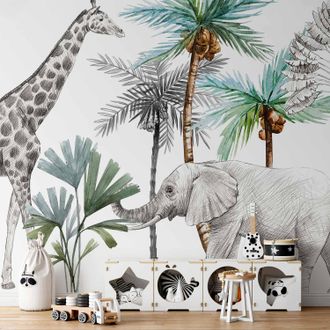 OEM Carta Da Parati Fotografica - Carta Da Parati Con Animali Della Giungla In Stile Cartone Animato Per La Cameretta Dei Bambini