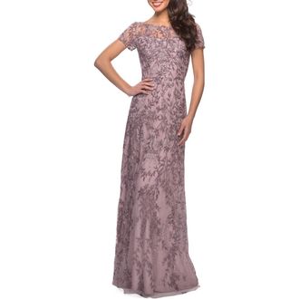 La Femme Floral Beaded Evening Dress with Sheer Cap Sleeves in Dusty Lilac at Nordstrom, Size 16