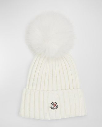 Moncler Ribbed Wool Beanie with Faux Fur Pom