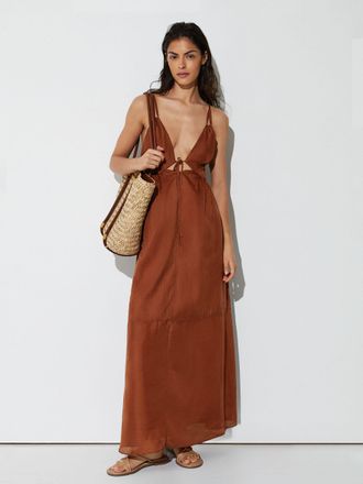Reiss Toffee Brown Petite Double-tie Plunge Maxi Dress With Linen, 14