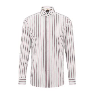 HUGO BOSS Mens Striped Spread Collar Long-Sleeved Shirt (Dark Red) - Size 15 inch