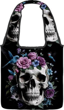 Generic Birds Skull Florals Reversible Canvas Shoulder Tote - Double-Sided Print, 12oz Cotton, 27cm Drop, Fold-Flat Bag for Travel, Shopping, Street Outings