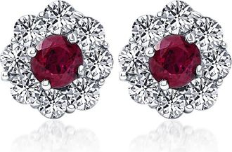 Pompeii3 2 1/2ct Genuine Ruby & Diamond Halo Studs Earrings 14K White Gold