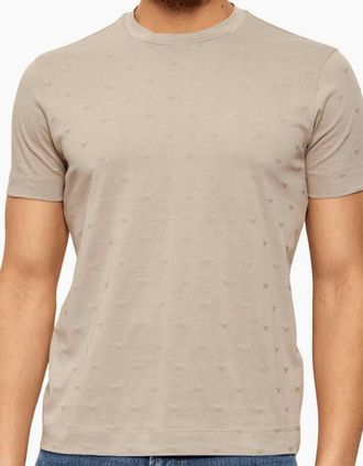 Emporio Armani Mens Micro Eagle All Over Slim Fit Beige T-Shirt - Cream - Size: 40