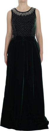 Dolce & Gabbana Womens Velvet Long Dress Embellished Neckline - Dark Green Silk - Size EU 34 (Womens)