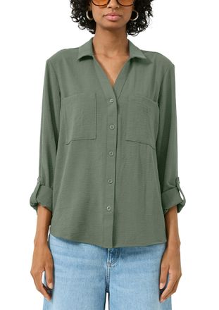QS by s.Oliver Langarmbluse QS, Damen, Gr. 32, olive, Web, Obermaterial: 100% Polyester, unifarben, tailliert h&uuml;ftbedeckend, V-Ausschnitt, mit Knopf krempelbar,mit K