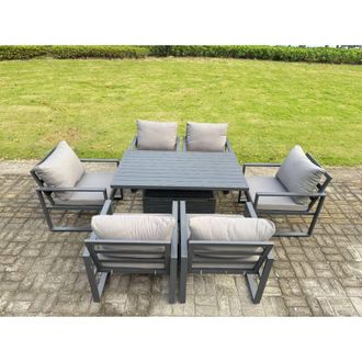 Fimous Fimous Aluminium Garden Furniture Set Adjustable Rising Lifting Dining Table and 6 Chairs Set Dark Grey