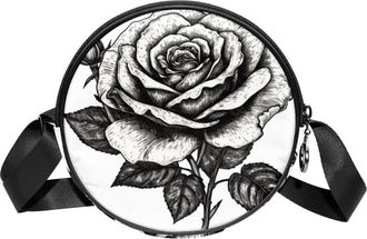 Generic Circle Crossbody Bag for Women, Black and White Rose Small Sling Bag Daypack with Zipper Adjustable Shoulder Straps Casual Ladies Girls Round Purse