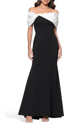 Betsy & Adam Off the Shoulder Crepe & Taffeta Sheath Gown in Black/White at Nordstrom, Size 10