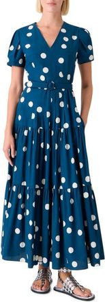 Akris Polka Dot Tiered Cotton Poplin Dress in Dark Blue-Cream at Nordstrom, Size 14