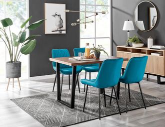 Furniturebox Kylo Brown Wood Effect Dining Table With Black U Legs & 4 Pesaro Velvet Chairs in Blue
