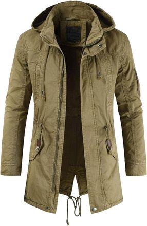 Generic Mens Army Field Jacket Cotton Military Coat With Hood Full Zip Parka Casual Mid Long Jacket For Outdoor Travel Khaki X-Large