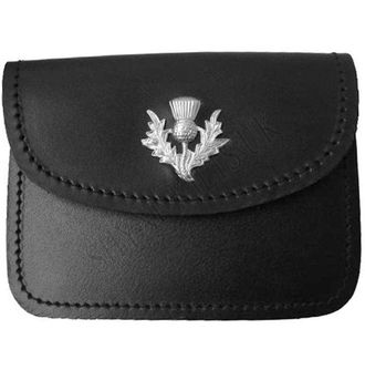 Shyne Kilts U.K Mens Scottish Black Leather Kilt Belt Pouch Sporran with Thistle on Flap