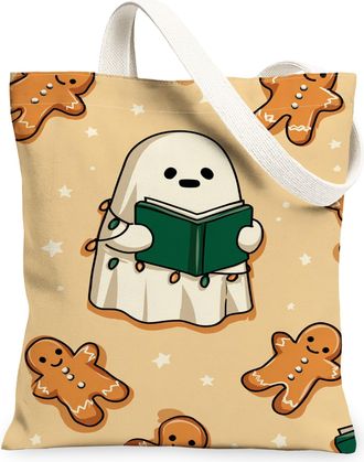 Generic Cute Gingerbread Ghost Canvas Tote Bag, Festive Holiday Pattern Reusable Grocery Bags, Lightweight Washable Shoulder Strap, Beige, 13x15 Inch