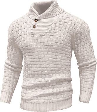 Generic Mens Winter Jumpers Warm Knitted Stand Collar Jumper Long Sleeve Knitwear Pullover Sweaters for Men Buttons Twisted Winter Tops (Beige, L)