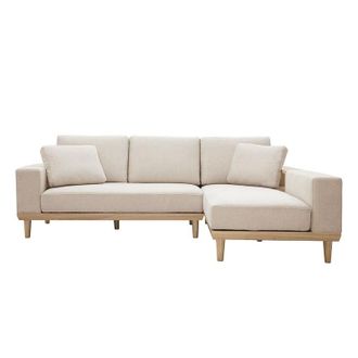 Miliboo Sof&aacute; Chaise Longue A La Derecha 5 Plazas Con Almacenaje De Tela Texturizada Beige Efecto Aterciopelado Y Madera Clara Komao