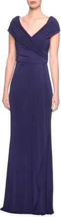 La Femme Ruched Jersey Long Gown with V-Neckline in Navy at Nordstrom, Size 20