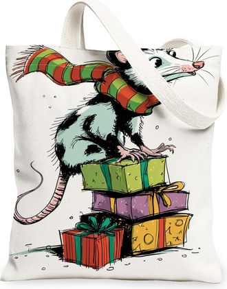 Generic Holiday Opossum Canvas Tote Bags, Cute Animal Gift Pattern Reusable Grocery Bags, Winter Fun Lightweight Washable Shoulder, White, 13x15 Inch