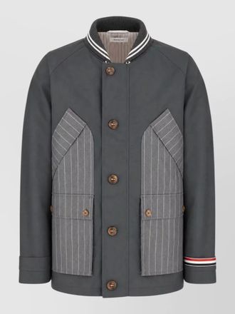 Thom Browne striped coat ribbed collar front pockets cuffs